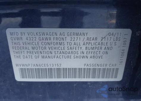 2012 Volkswagen Cc Sport из США, поврежденный, VIN WVWNP7AN6CE513152